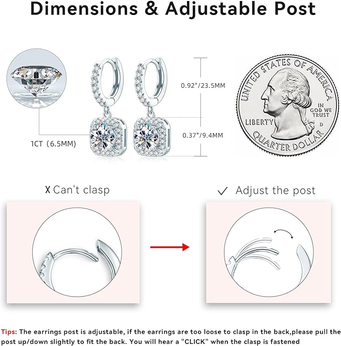 ONE PAIR: 18K White Gold Plated in 925 Sterling Silver Huggie Hoop Earrings Dangle Drop Earrings HIGH QUALITY MOISSANITE DIAMOND Brilliant ROUND Cut 2ct (6.5mm/1ct*2)