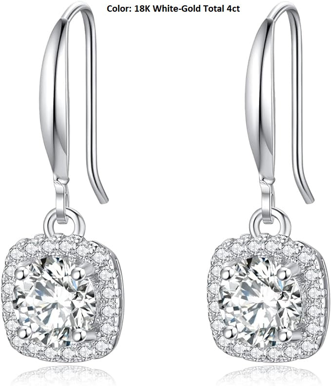 ONE PAIR: 18K White Gold Plated in 925 Sterling Silver Dangle Drop Earrings HIGH QUALITY MOISSANITE DIAMOND Brilliant ROUND Cut 4ct