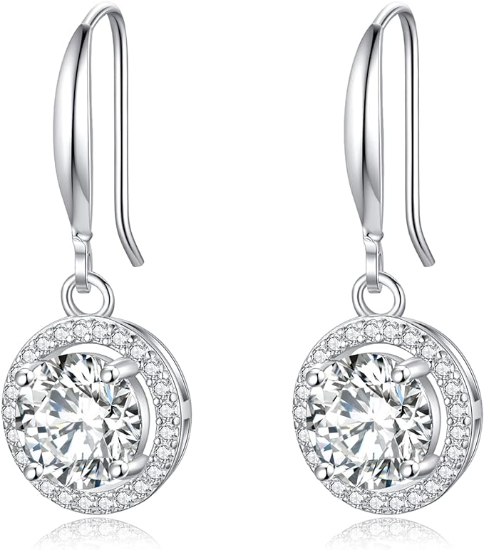 ONE PAIR: 18K White Gold Plated in 925 Sterling Silver Dangle Drop Earrings HIGH QUALITY MOISSANITE DIAMOND Brilliant ROUND Cut 2ct