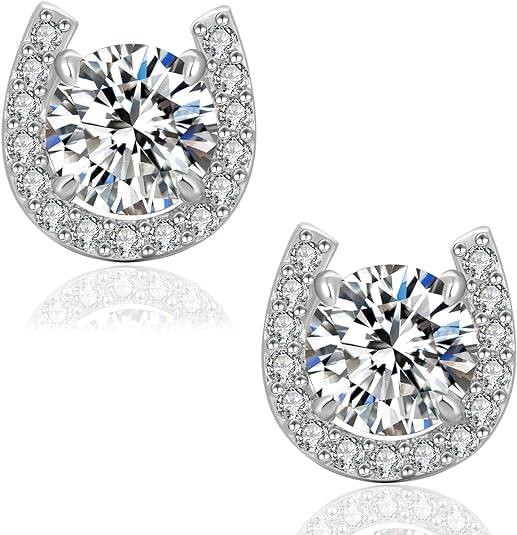 ONE PAIR: 18K White Gold Plated in 925 Sterling Silver Stud Earrings HIGH QUALITY MOISSANITE DIAMOND Brilliant ROUND Cut 1 Carats-Horseshoe