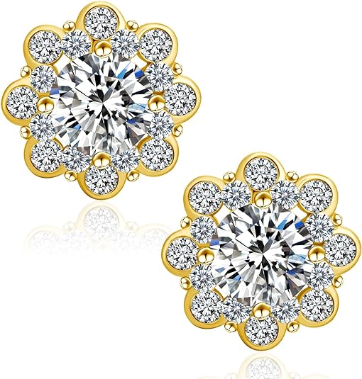 ONE PAIR: 18K Yellow Gold Plated in 925 Sterling Silver Stud Earrings HIGH QUALITY MOISSANITE DIAMOND Brilliant ROUND Cut1 Carats-Romantic Flowers-Yellow Gold