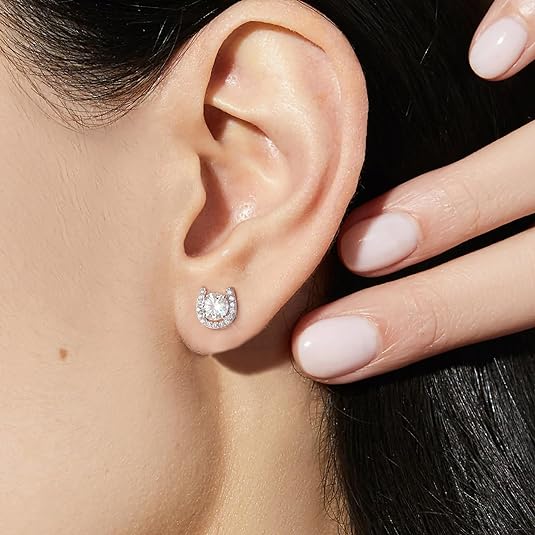 ONE PAIR: 18K White Gold Plated in 925 Sterling Silver Stud Earrings HIGH QUALITY MOISSANITE DIAMOND Brilliant ROUND Cut 1 Carats-Horseshoe