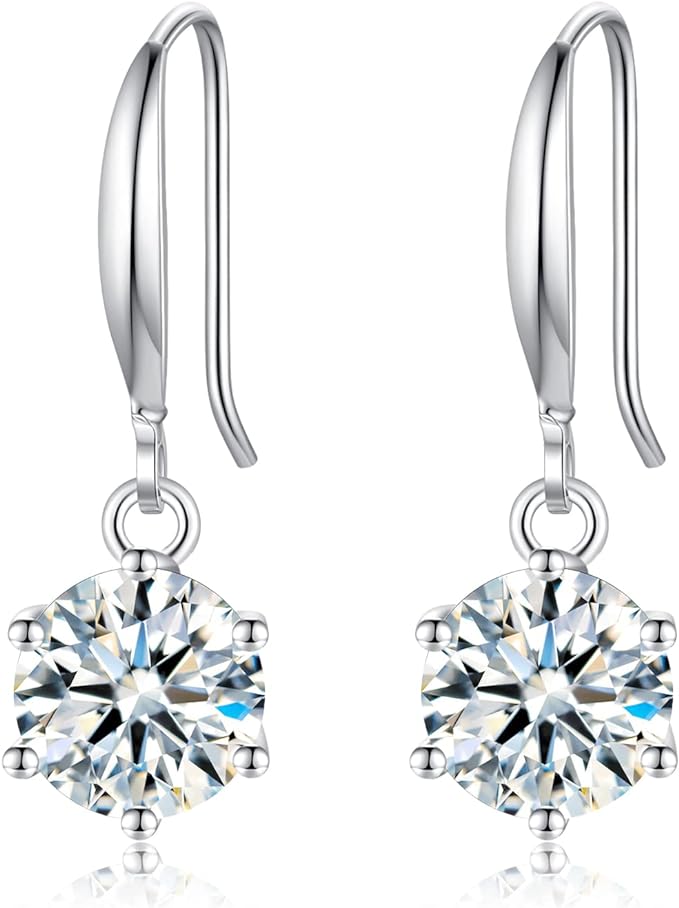 ONE PAIR: 18K White Gold Plated in 925 Sterling Silver Dangle Drop Earrings HIGH QUALITY MOISSANITE DIAMOND Brilliant ROUND Cut 2ct