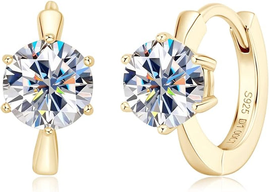 ONE PAIR: 14K Yellow Gold Plated in 925 Sterling Silver Hoop Earrings HIGH QUALITY MOISSANITE DIAMOND Brilliant ROUND Cut 2ct