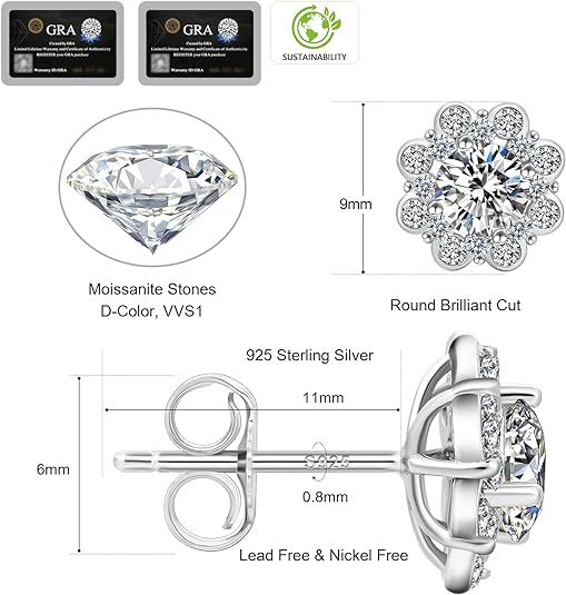 ONE PAIR: 18K White Gold Plated in 925 Sterling Silver Stud Earrings HIGH QUALITY MOISSANITE DIAMOND Brilliant ROUND Cut