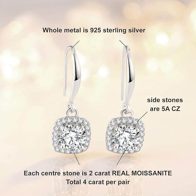 ONE PAIR: 18K White Gold Plated in 925 Sterling Silver Dangle Drop Earrings HIGH QUALITY MOISSANITE DIAMOND Brilliant ROUND Cut 4ct