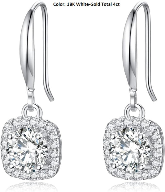 ONE PAIR: 18K White Gold Plated in 925 Sterling Silver Dangle Drop Earrings HIGH QUALITY MOISSANITE DIAMOND Brilliant ROUND Cut 4ct