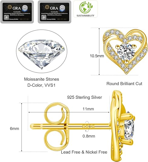 ONE PAIR: 18K Yellow Gold Plated in 925 Sterling Silver Stud Earrings HIGH QUALITY MOISSANITE DIAMOND Brilliant ROUND Cut 0.6 Carats-Crossed Heart-Gold