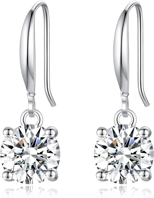 ONE PAIR: 18K White Gold Plated in 925 Sterling Silver Dangle Drop Earrings HIGH QUALITY MOISSANITE DIAMOND Brilliant ROUND Cut 4ct