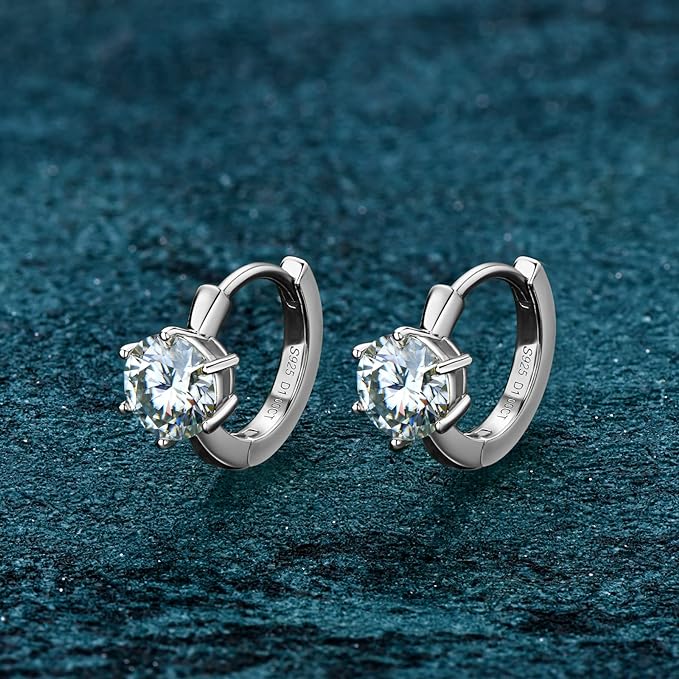 ONE PAIR: 18K White Gold Plated in 925 Sterling Silver Hoop Earrings HIGH QUALITY MOISSANITE DIAMOND Brilliant ROUND Cut 2ct