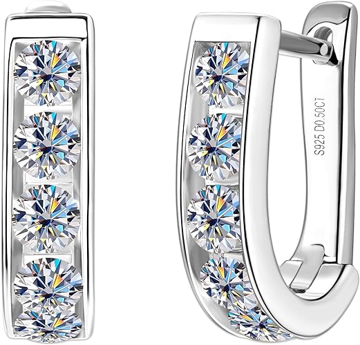 ONE PAIR: 18K White Gold Plated in 925 Sterling Silver Hoop Earrings HIGH QUALITY MOISSANITE DIAMOND Brilliant ROUND Cut