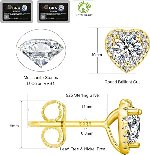 ONE PAIR: 18K Yellow Gold Plated in 925 Sterling Silver Stud Earrings HIGH QUALITY MOISSANITE DIAMOND Brilliant ROUND Cut 2 Carats-Classic Hearts