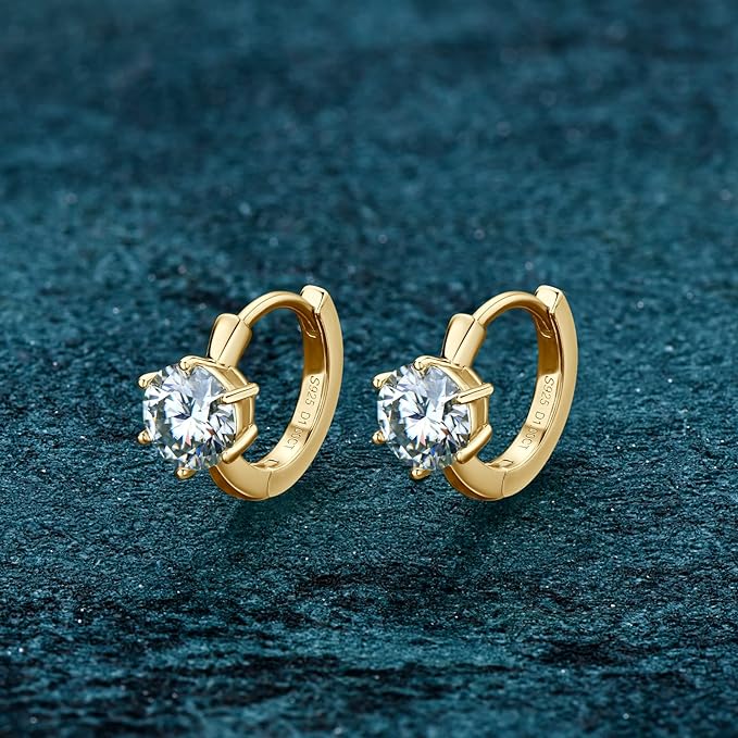 ONE PAIR: 14K Yellow Gold Plated in 925 Sterling Silver Hoop Earrings HIGH QUALITY MOISSANITE DIAMOND Brilliant ROUND Cut 2ct
