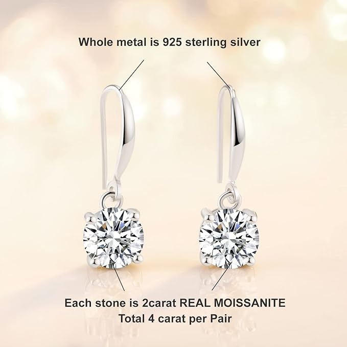ONE PAIR: 18K White Gold Plated in 925 Sterling Silver Dangle Drop Earrings HIGH QUALITY MOISSANITE DIAMOND Brilliant ROUND Cut 4ct