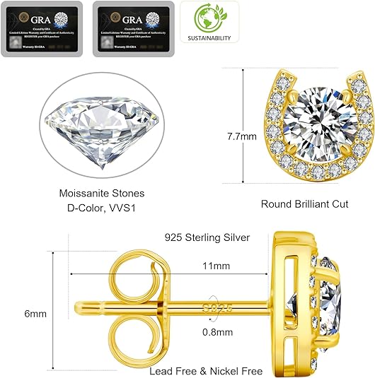 ONE PAIR: 18K Yellow Gold Plated in 925 Sterling Silver Stud Earrings HIGH QUALITY MOISSANITE DIAMOND Brilliant ROUND Cut 1Carats-Horseshoe Yellow Gold