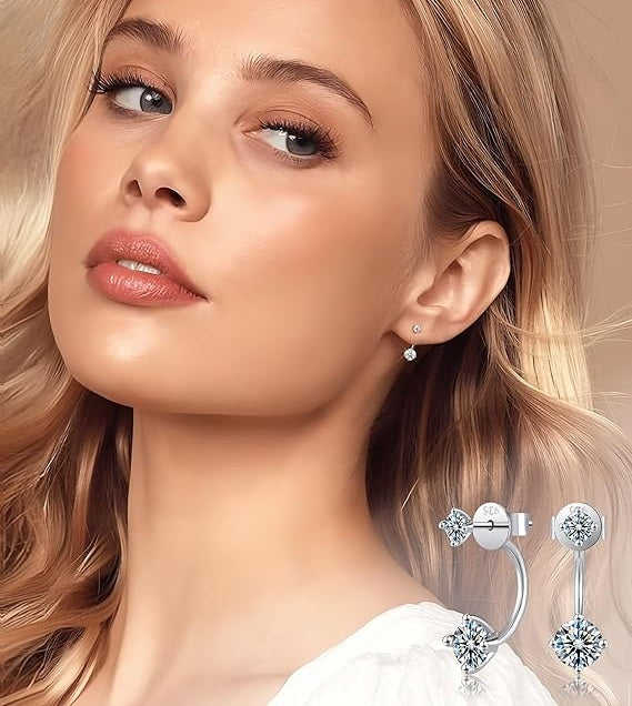 ONE PAIR: 18K White Gold Plated in 925 Sterling Silver Stud Earrings HIGH QUALITY MOISSANITE DIAMOND Brilliant ROUND