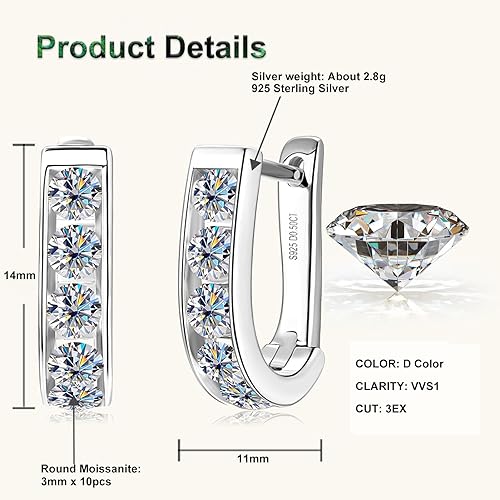 ONE PAIR: 18K White Gold Plated in 925 Sterling Silver Hoop Earrings HIGH QUALITY MOISSANITE DIAMOND Brilliant ROUND Cut