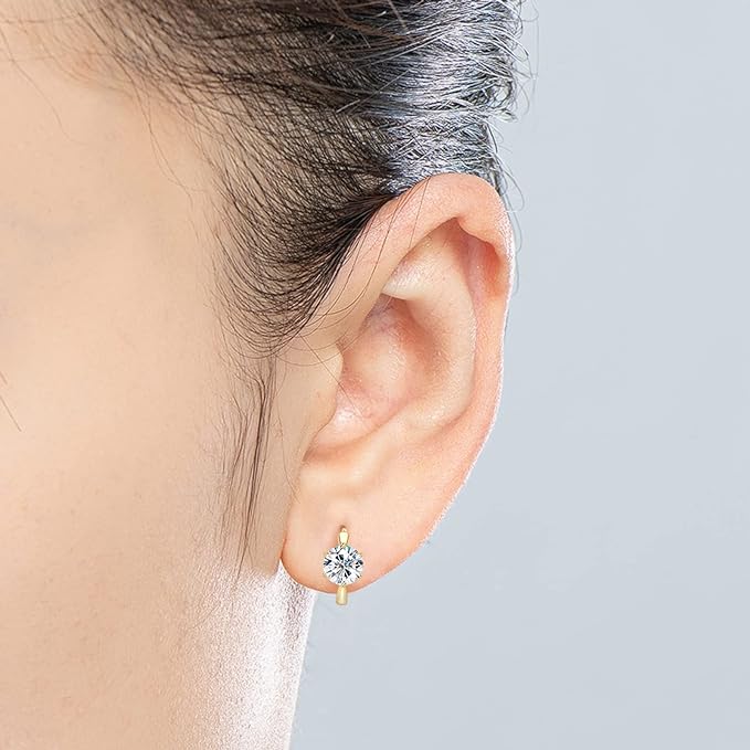 ONE PAIR: 14K Yellow Gold Plated in 925 Sterling Silver Hoop Earrings HIGH QUALITY MOISSANITE DIAMOND Brilliant ROUND Cut 2ct