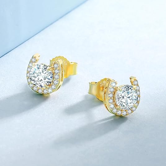 ONE PAIR: 18K Yellow Gold Plated in 925 Sterling Silver Stud Earrings HIGH QUALITY MOISSANITE DIAMOND Brilliant ROUND Cut 1Carats-Horseshoe Yellow Gold