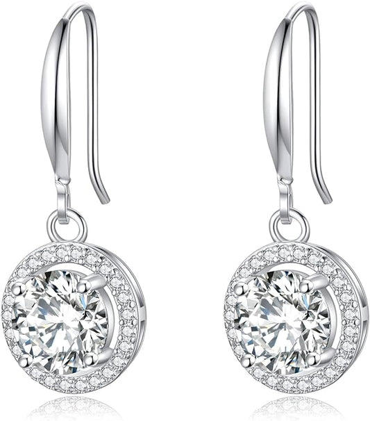 ONE PAIR: 18K White Gold Plated in 925 Sterling Silver Dangle Drop Earrings HIGH QUALITY MOISSANITE DIAMOND Brilliant ROUND Cut 2ct