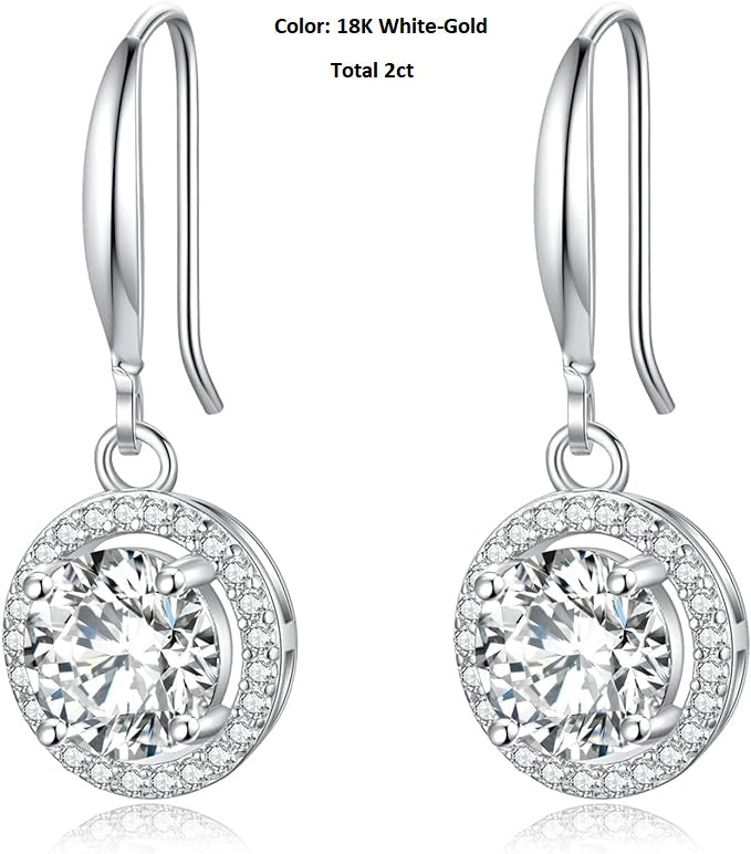 ONE PAIR: 18K White Gold Plated in 925 Sterling Silver Dangle Drop Earrings HIGH QUALITY MOISSANITE DIAMOND Brilliant ROUND Cut 2ct