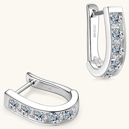 ONE PAIR: 18K White Gold Plated in 925 Sterling Silver Hoop Earrings HIGH QUALITY MOISSANITE DIAMOND Brilliant ROUND Cut