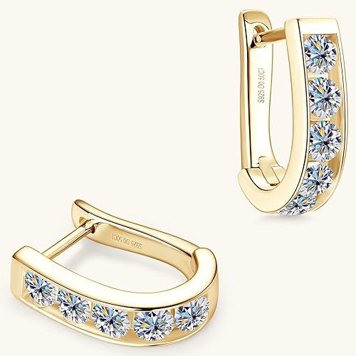 ONE PAIR: 18K Yellow Gold Plated in 925 Sterling Silver Hoop Earrings HIGH QUALITY MOISSANITE DIAMOND Brilliant ROUND Cut