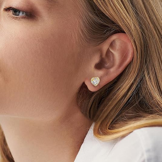 ONE PAIR: 18K Yellow Gold Plated in 925 Sterling Silver Stud Earrings HIGH QUALITY MOISSANITE DIAMOND Brilliant ROUND Cut 2 Carats-Classic Hearts