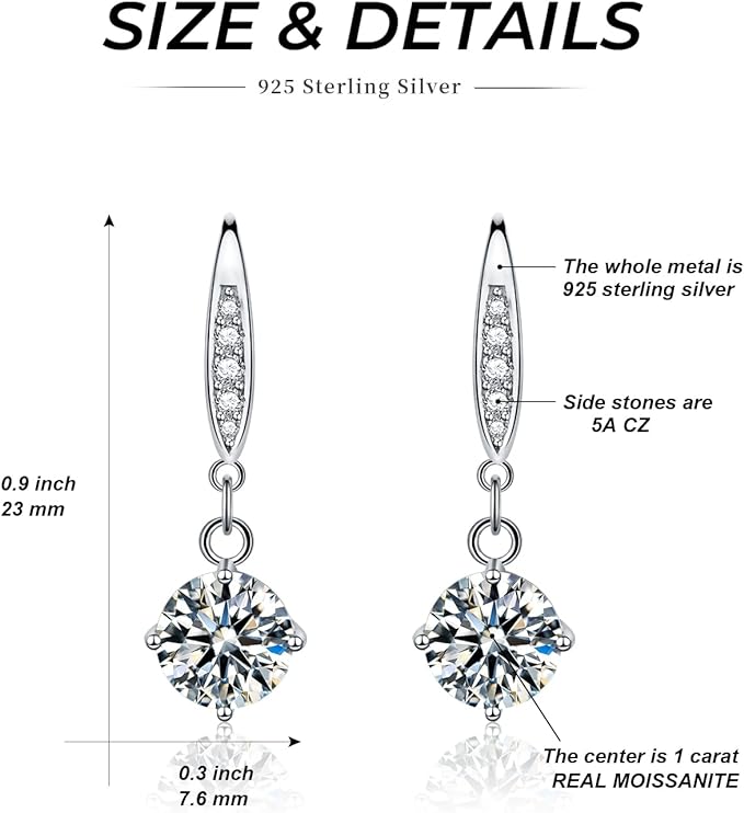 ONE PAIR: 925 Sterling Silver MOISSANITE Earrings HIGH QUALITY MOISSANITE DIAMOND Brilliant ROUND CUT