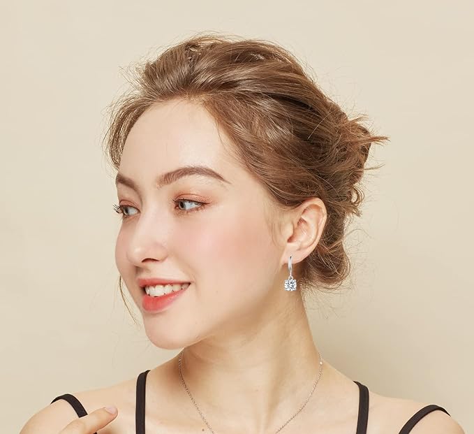 ONE PAIR: 18K White Gold Plated in 925 Sterling Silver Dangle Drop Earrings HIGH QUALITY MOISSANITE DIAMOND Brilliant ROUND Cut 4ct