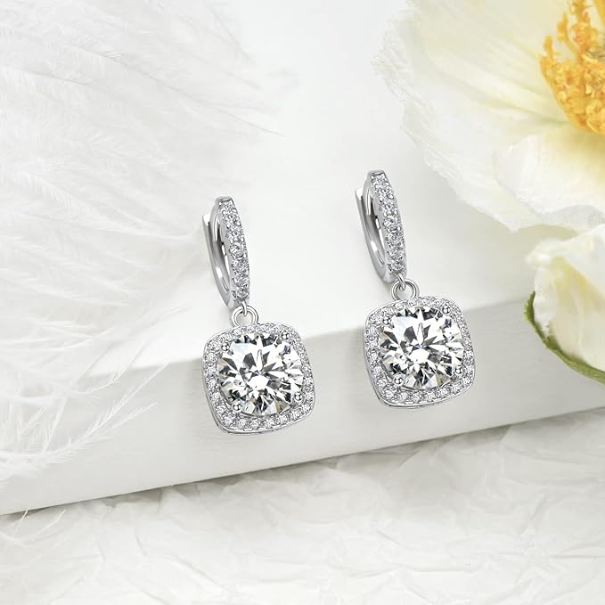 ONE PAIR: 18K White Gold Plated in 925 Sterling Silver Huggie Hoop Earrings Dangle Drop Earrings HIGH QUALITY MOISSANITE DIAMOND Brilliant ROUND Cut 2ct (6.5mm/1ct*2)