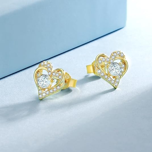 ONE PAIR: 18K Yellow Gold Plated in 925 Sterling Silver Stud Earrings HIGH QUALITY MOISSANITE DIAMOND Brilliant ROUND Cut 0.6 Carats-Crossed Heart-Gold