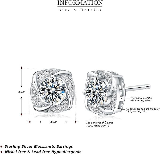 ONE PAIR: 925 Sterling Silver MOISSANITE Earrings HIGH QUALITY MOISSANITE DIAMOND Brilliant ROUND CUT