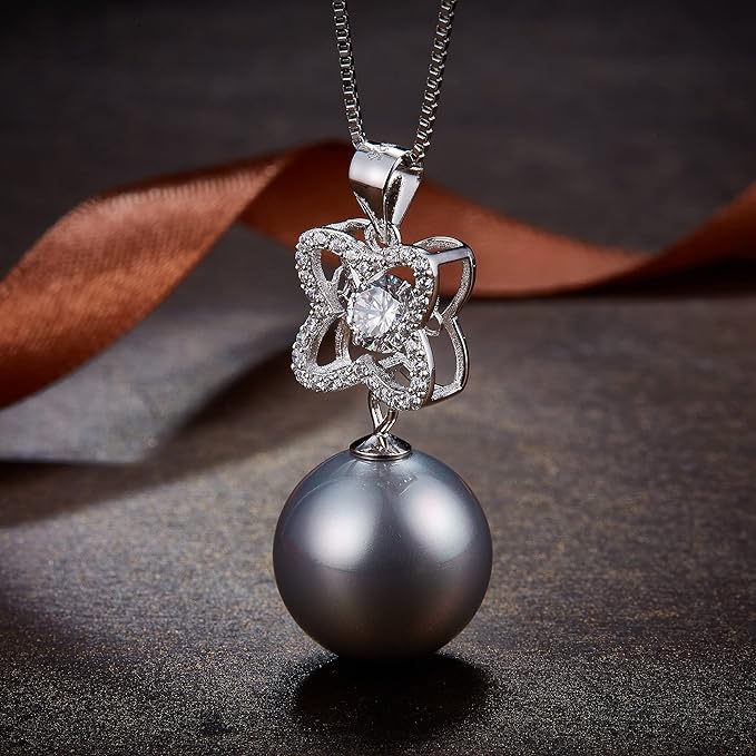 ONE :💎Pendant MOISSANITE Necklace 💎 It dances and shines, Fresh water Cultured Pearl GRAY:14 mm, MOISSANITE : 5.0 mm 0.5 carat. VVS1 Clarity, Excellent Cut. WHITE GOLD PLATED