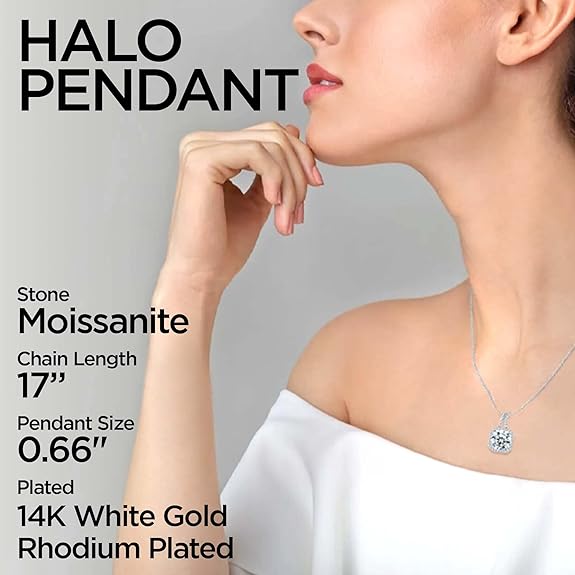 ONE : 💎Pendant Necklace 💎 MOISSANITE DIAMOND Square Halo Cut 1CT D Color VVS1 Clarity 14K White Gold Plated OVER 925 Sterling Silver Necklace