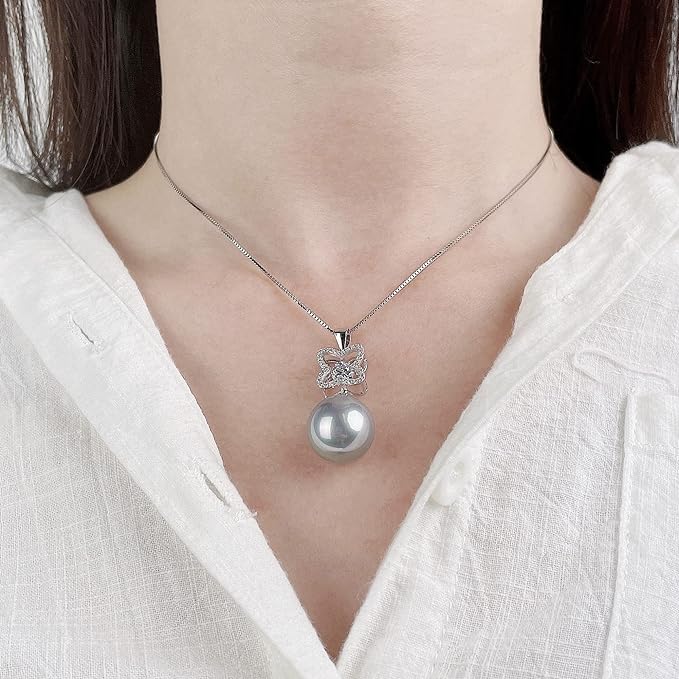 ONE :💎Pendant MOISSANITE Necklace 💎 It dances and shines, Fresh water Cultured Pearl GRAY:14 mm, MOISSANITE : 5.0 mm 0.5 carat. VVS1 Clarity, Excellent Cut. WHITE GOLD PLATED
