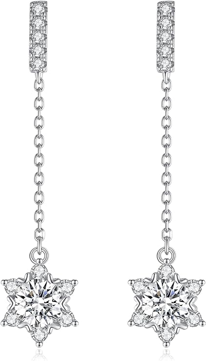 ONE PAIR: MOISSANITE DIAMONDS Style: Snowflake Dangle Earrings, DF Color Ideal Cut Simulated Diamond 925 Sterling Silver Earrings for Women with Certificate of Authenticity