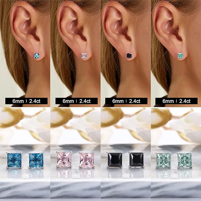 ONE PAIR: Princess Moissanite Diamond Studs Earrings ,925 Sterling Silver HIGH QUALITY MOISSANITE DIAMOND with18K White Gold Plated 6MM-2.4ct.tw(1.2ct*2) Color: Created Morgan