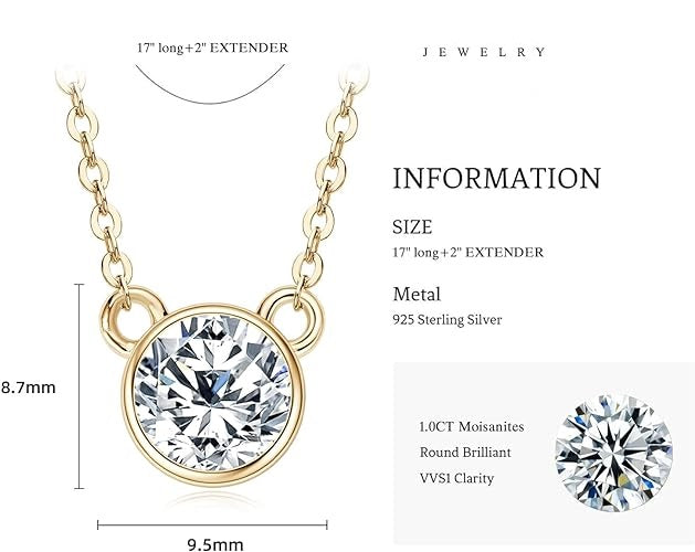 ONE :💎Pendant Necklace💎 1.0 CARAT MOISSANITE YELLOW GOLD PLATED OVER 925 STERLNG SILVER