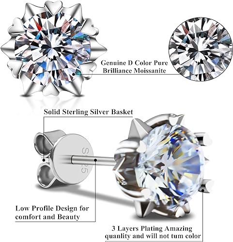 ONE PAIR: MOISSANITE Diamond Earrings, Stud Earrings for Women, 4 Ct D Color VVS Bright Lab Cut Heart Shape Diamond earrings studs Silver Earrings, for Anniversary Celebrations, Birthday Parties, Work Party Travel