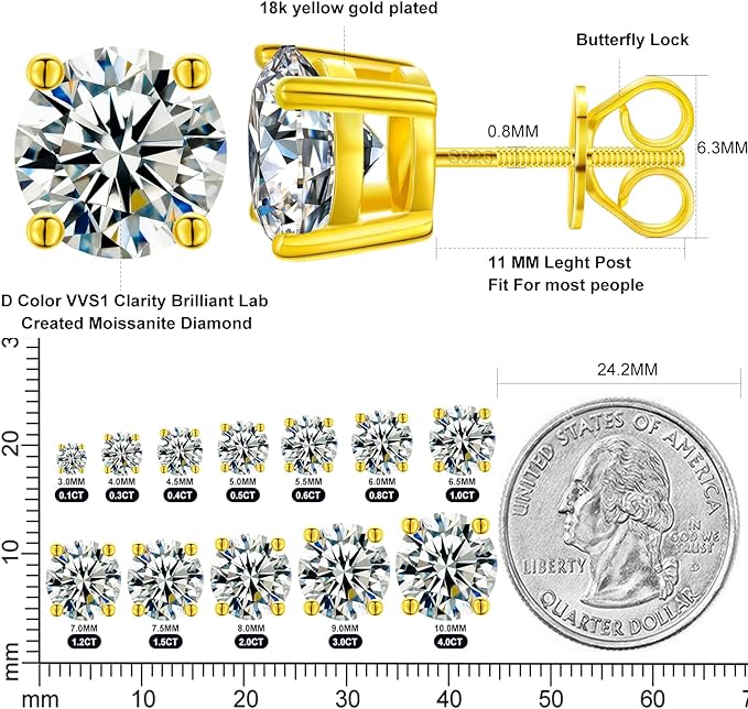 ONE PAIR: of Earrings 4.0 carats (2.0ct 8mm*2) Screw Back HIGH QUALITY MOISSANITE DIAMOND EARRINGS SCREW BACK 925 Sterling Silver and Gold Plated