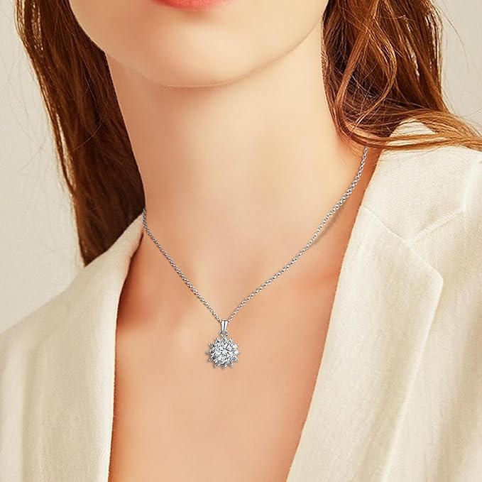 ONE : 💎Pendant Necklace 💎 MOISSANITE DIAMOND Style: SUN FLOWER (18K WHITE Gold) OVER 925 Sterling Silver Necklace) D Color VVS1 Clarity 6 PRONG 2CT