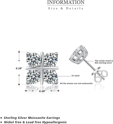 ONE PAIR: 925 Sterling Silver MOISSANITE STUD Earrings HIGH QUALITY MOISSANITE DIAMOND Brilliant ROUND CUT