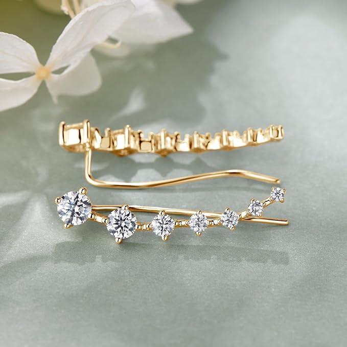 ONE PAIR: MOISSANITE Diamond Earrings, for Women 7 MOISSANITE Diamonds Ear Cuffs Crawler Earring 925 Sterling Silver Hypoallergenic Lab Diamond Climber Earrings Jewelry Gifts, Yellow Gold