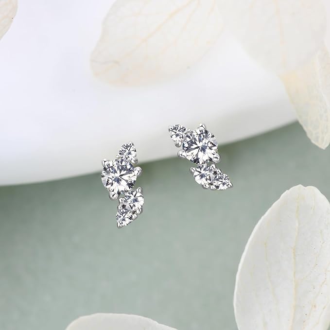 ONE PAIR: Stud Earrings 14K White GOLD OVER 925 STERLING SILVER