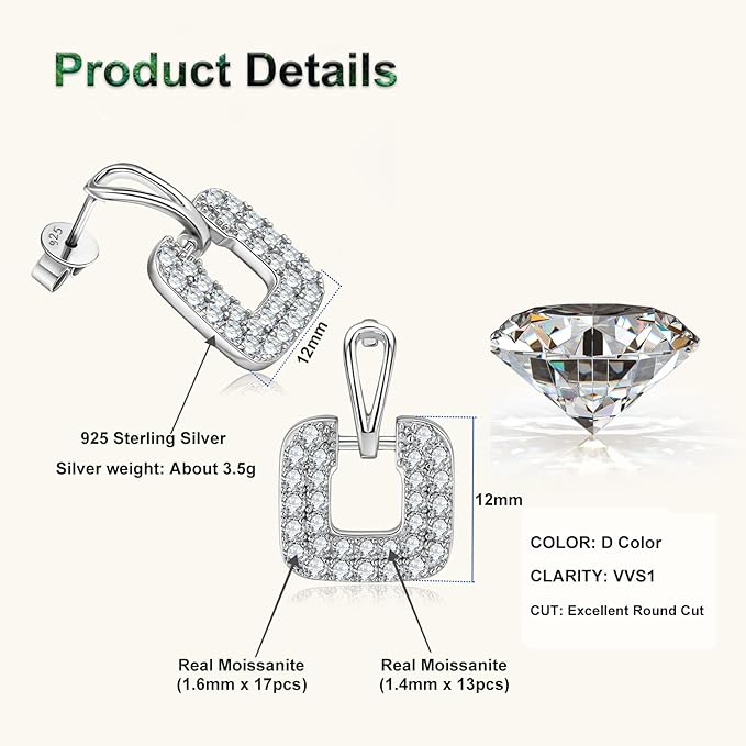 ONE PAIR: Gorgeous Square Shaped Silver Stud Earrings MOISSANITE DIAMONDS D Color VVS1 Clarity Brilliant 1.4mm 1.6mm  0.89cttw per pair weight: about 3.5g.