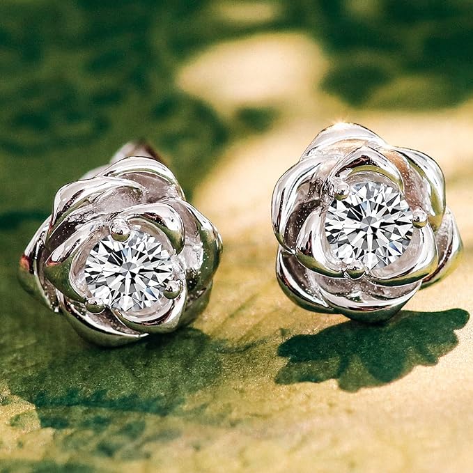 ONE PAIR: 0.6 carat/Rose flower Diamond Studs Earrings,925 Sterling Silver HIGH QUALITY MOISSANITE DIAMONDS D Color VVS1 0.6 Carat