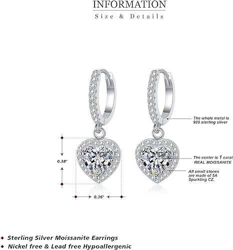 ONE PAIR: 925 Sterling Silver MOISSANITE DROP DANGLE HEART Earrings HIGH QUALITY MOISSANITE DIAMOND Brilliant ROUND CUT