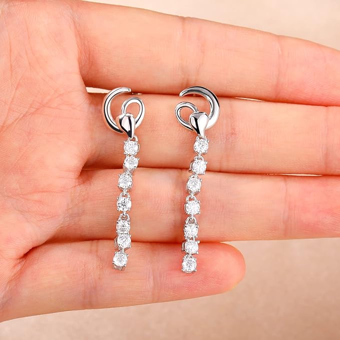 ONE PAIR: of Earrings  Color: Silver Linear Drop HIGH QUALITY MOISSANITE DIAMOND EARRINGS