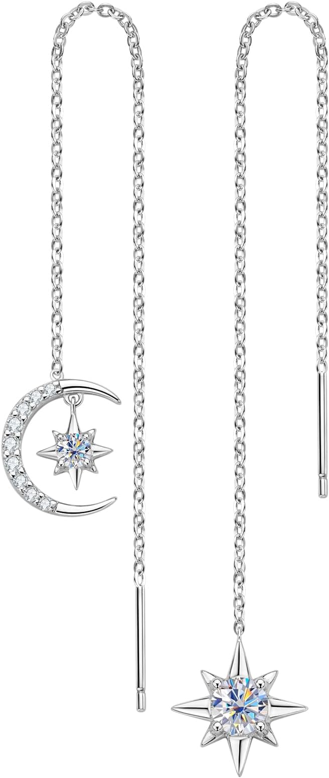 ONE PAIR: MOISSANITE Threader Earrings, Princess Round Cut 0.8-4CT D-E Color MOISSANITE, 18K Gold Plated 925 Sterling Silver, Hypoallergenic, Jewelry Box Packed, Gifts for Her  Earrings  Color: Moon Star-Silver